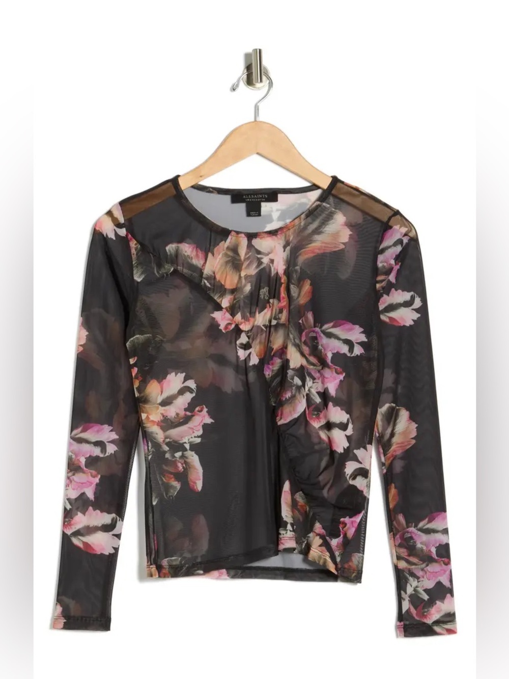 AllSaints Elia Ruched Long-Sleeve Black Floral Mesh Top Monica Petal Pink Floral